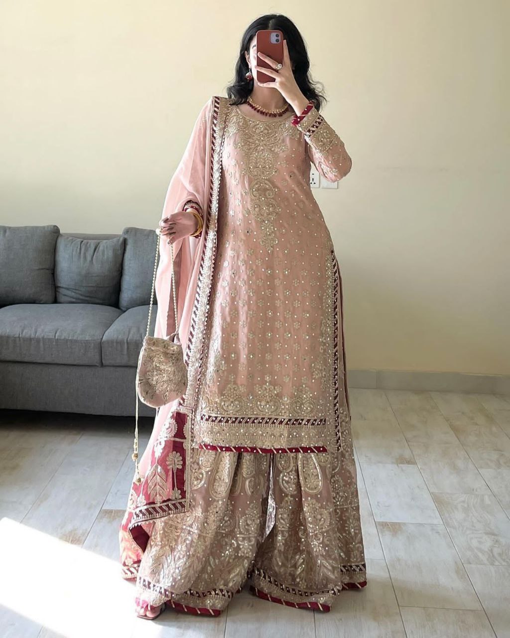 Stunning Faux Georgette Embroidered Top-Bottom Dupatta Set – Fully Stitched & Ready to Wear