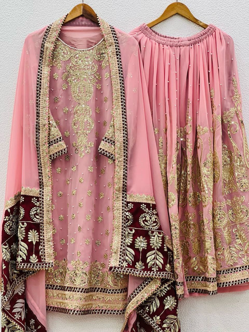 Stunning Faux Georgette Embroidered Top-Bottom Dupatta Set – Fully Stitched & Ready to Wear