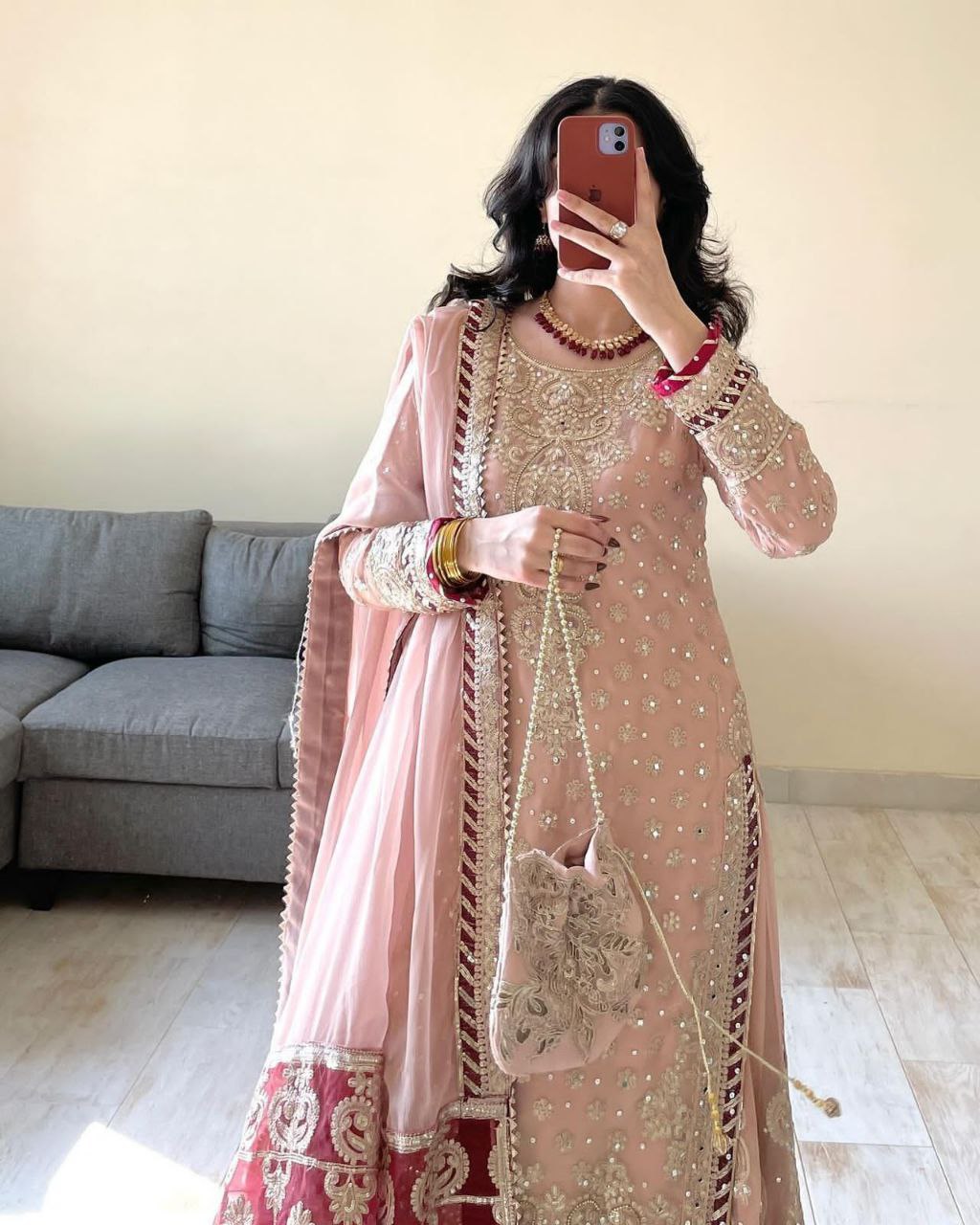 Stunning Faux Georgette Embroidered Top-Bottom Dupatta Set – Fully Stitched & Ready to Wear