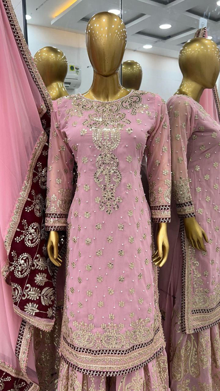 Stunning Faux Georgette Embroidered Top-Bottom Dupatta Set – Fully Stitched & Ready to Wear