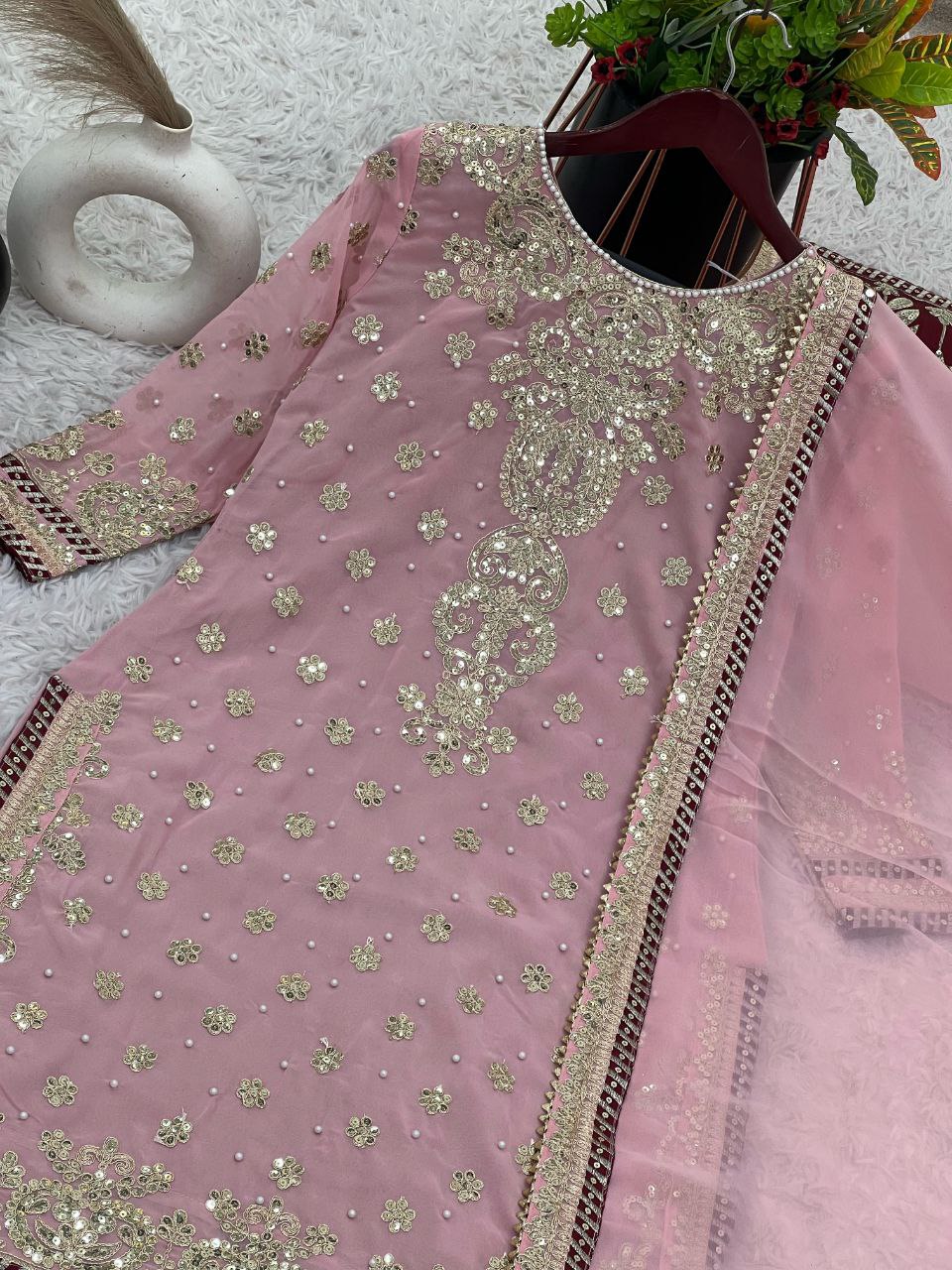 Stunning Faux Georgette Embroidered Top-Bottom Dupatta Set – Fully Stitched & Ready to Wear