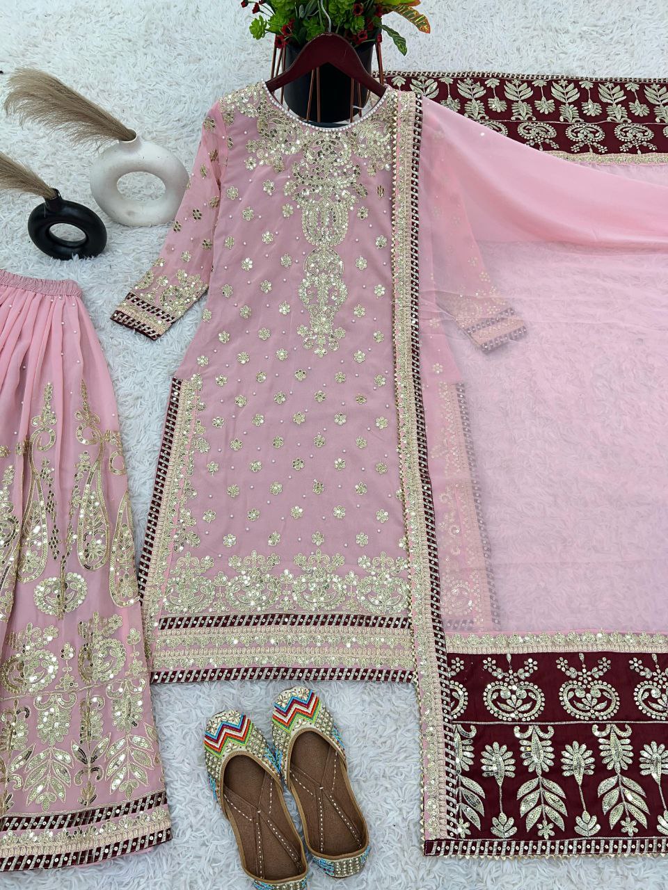 Stunning Faux Georgette Embroidered Top-Bottom Dupatta Set – Fully Stitched & Ready to Wear