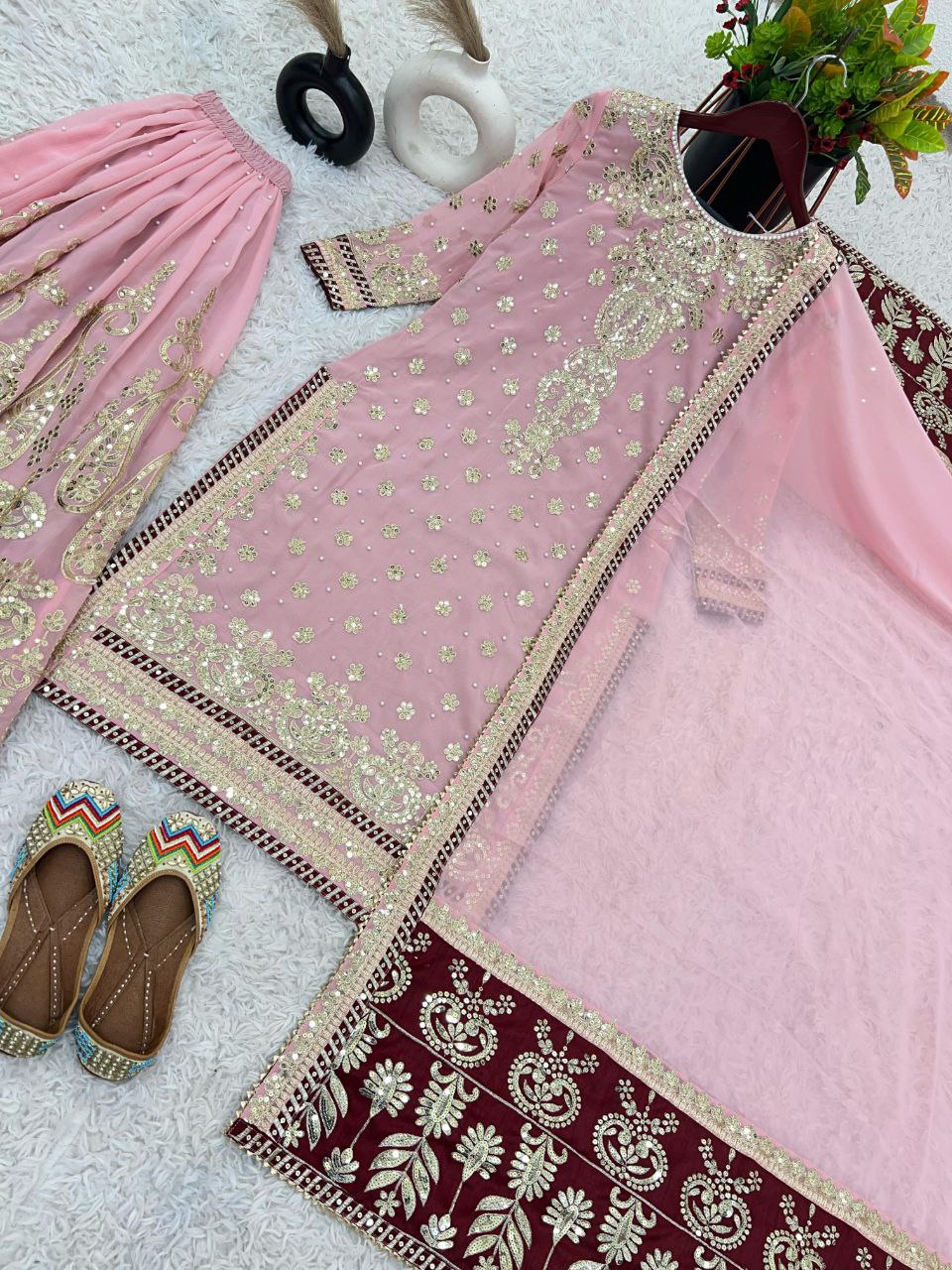 Stunning Faux Georgette Embroidered Top-Bottom Dupatta Set – Fully Stitched & Ready to Wear