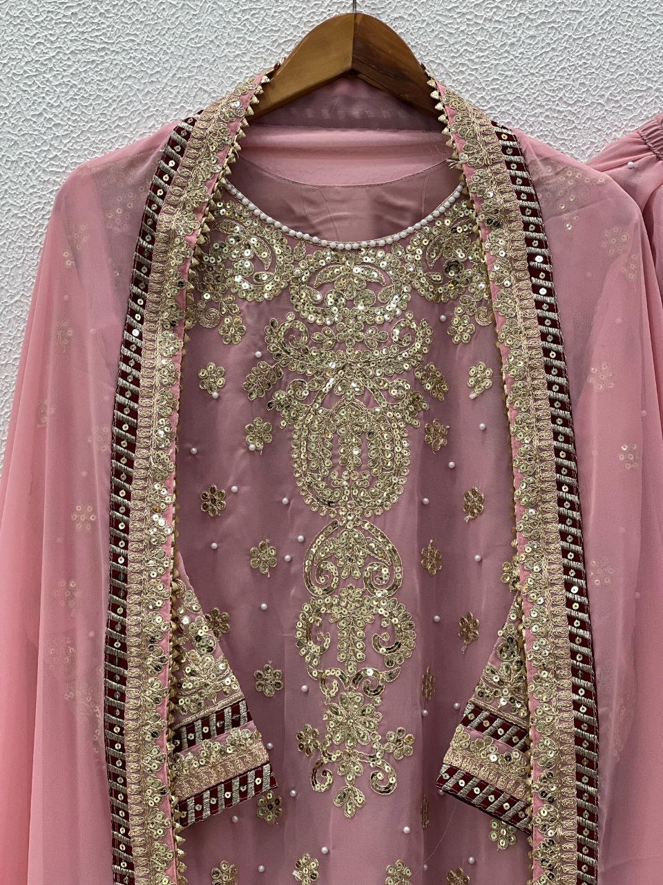 Stunning Faux Georgette Embroidered Top-Bottom Dupatta Set – Fully Stitched & Ready to Wear