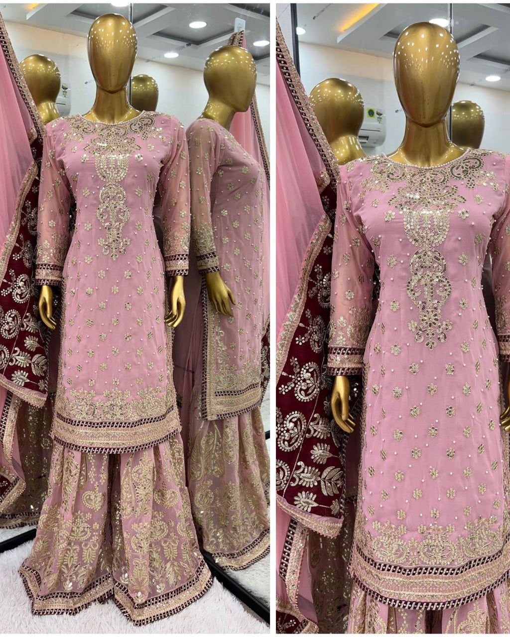 Stunning Faux Georgette Embroidered Top-Bottom Dupatta Set – Fully Stitched & Ready to Wear