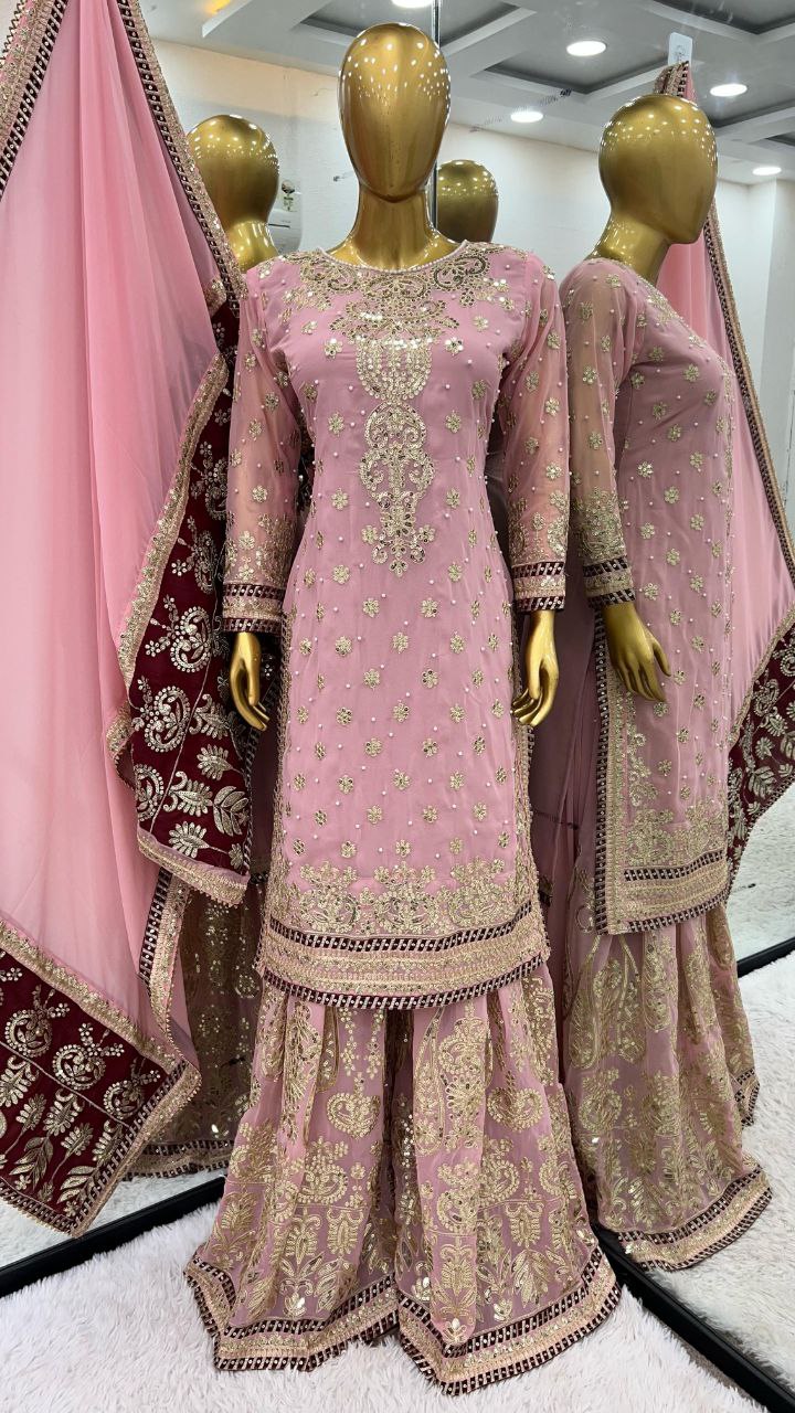 Stunning Faux Georgette Embroidered Top-Bottom Dupatta Set – Fully Stitched & Ready to Wear