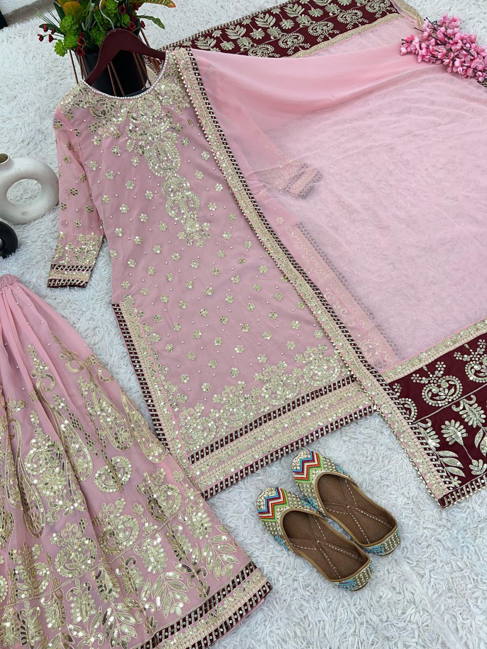 Stunning Faux Georgette Embroidered Top-Bottom Dupatta Set – Fully Stitched & Ready to Wear
