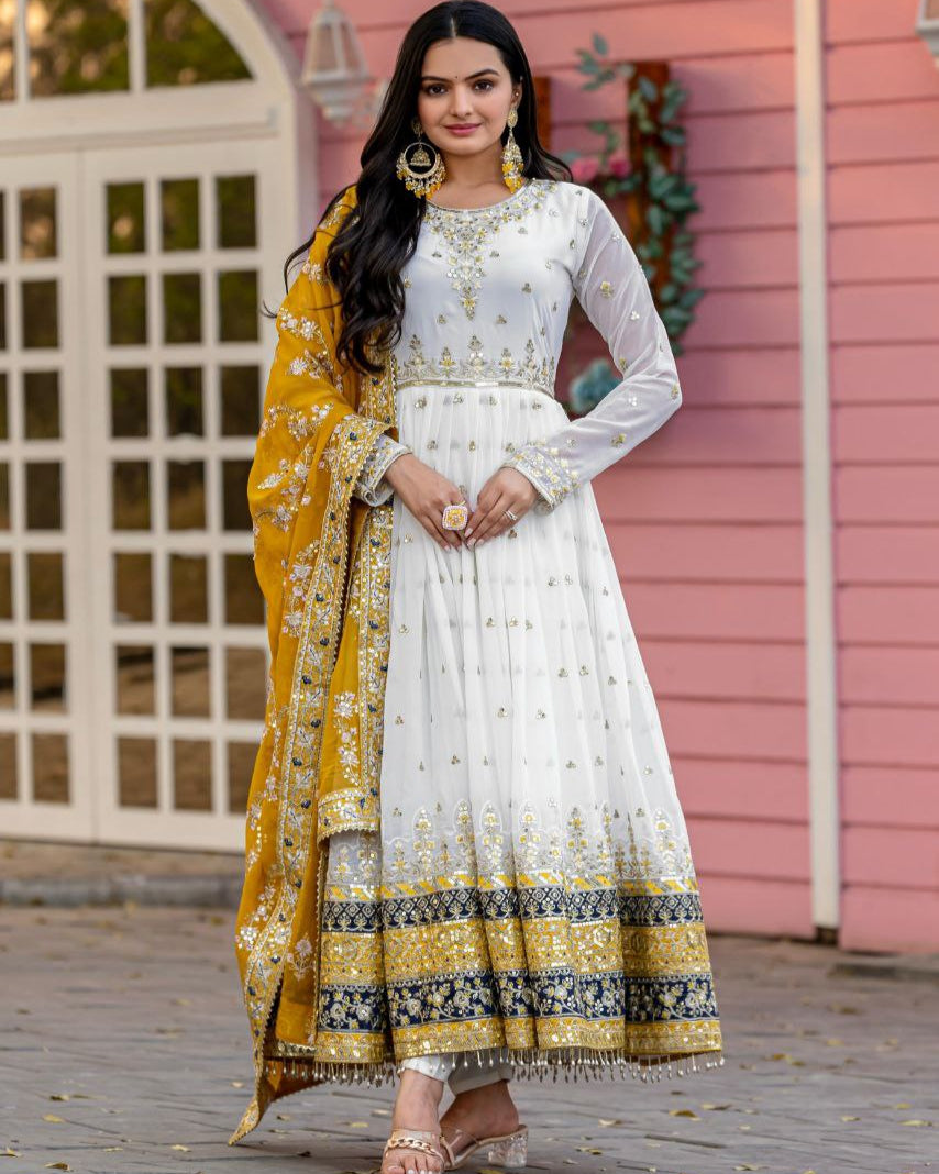 Stunning Party Wear Faux Georgette White Gown Set with Dupatta & Bottom