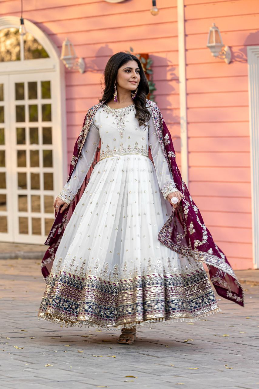 Stunning Party Wear Faux Georgette White Gown Set with Dupatta & Bottom