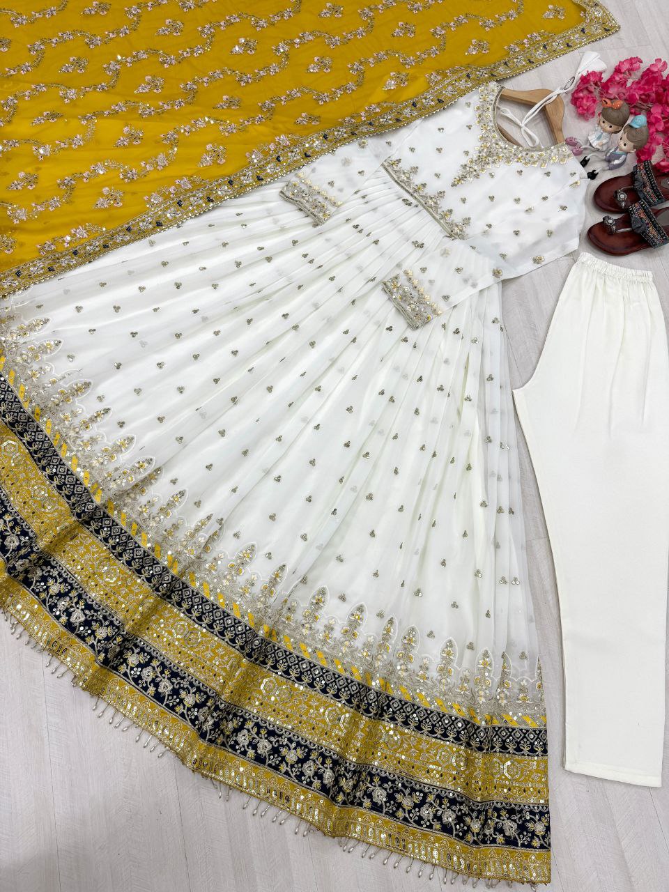 Stunning Party Wear Faux Georgette White Gown Set with Dupatta & Bottom