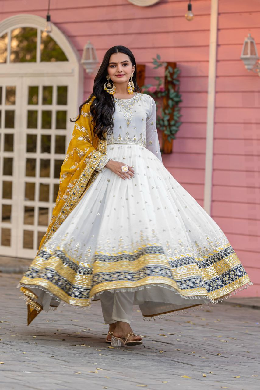 Stunning Party Wear Faux Georgette White Gown Set with Dupatta & Bottom