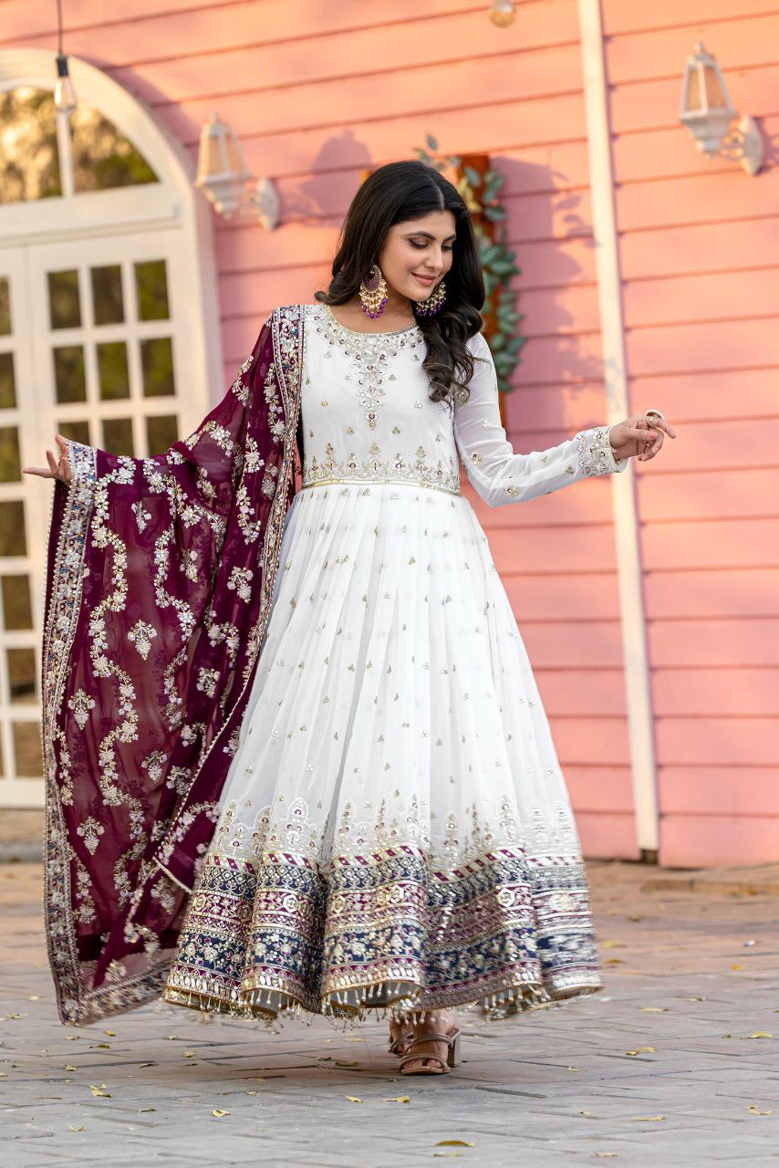 Stunning Party Wear Faux Georgette White Gown Set with Dupatta & Bottom