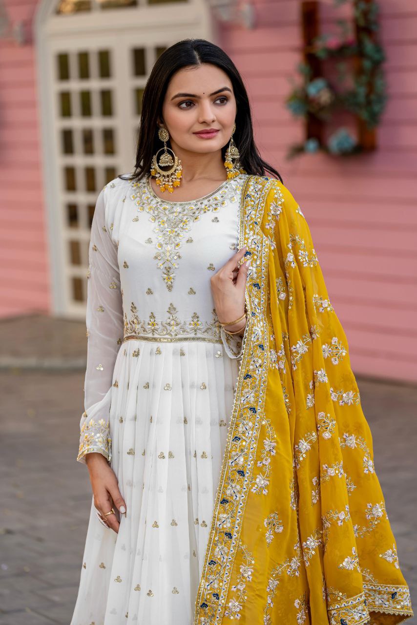 Stunning Party Wear Faux Georgette White Gown Set with Dupatta & Bottom