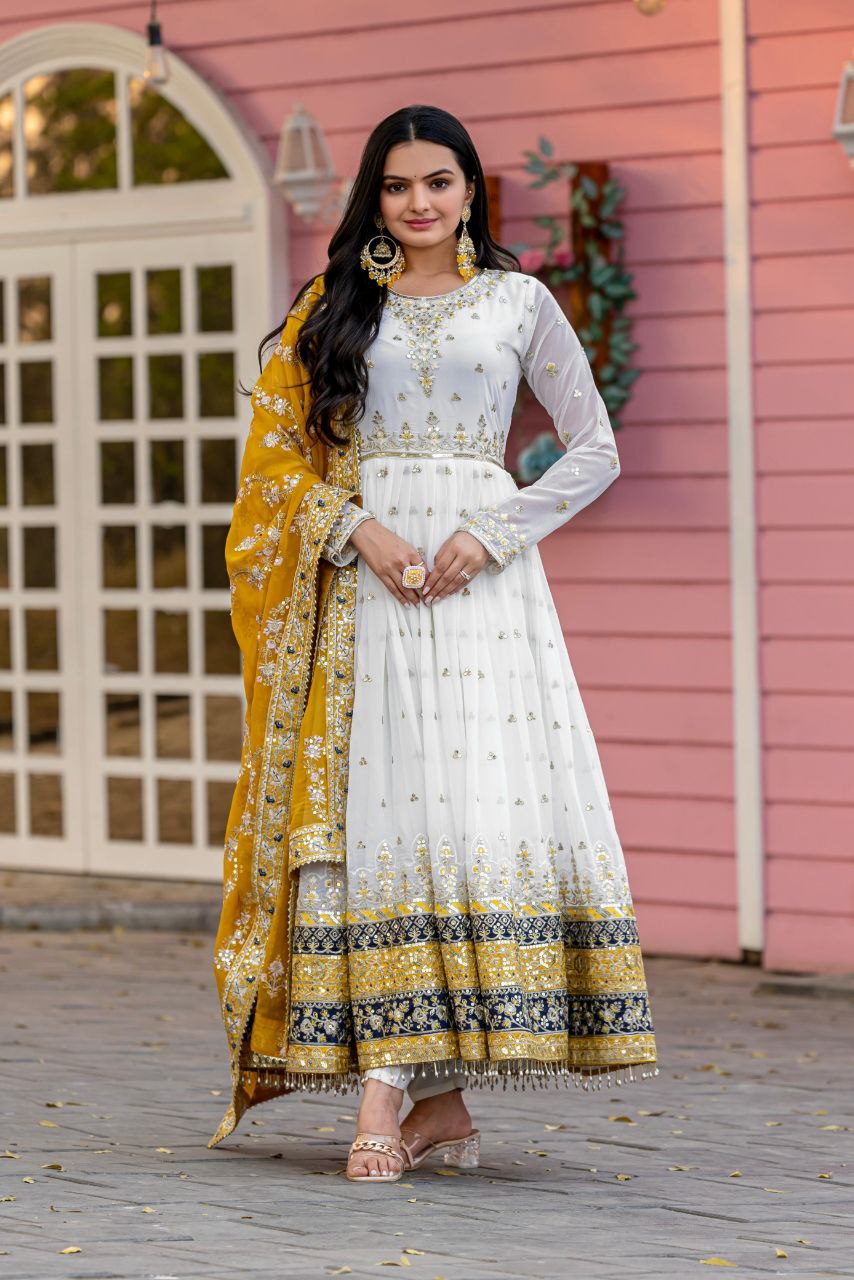 Stunning Party Wear Faux Georgette White Gown Set with Dupatta & Bottom
