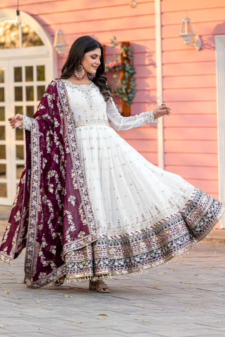 Stunning Party Wear Faux Georgette White Gown Set with Dupatta & Bottom