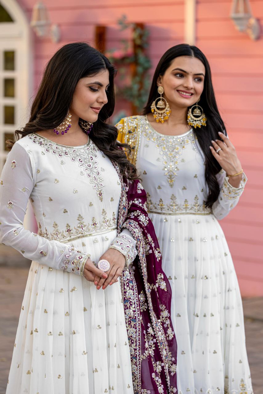 Stunning Party Wear Faux Georgette White Gown Set with Dupatta & Bottom