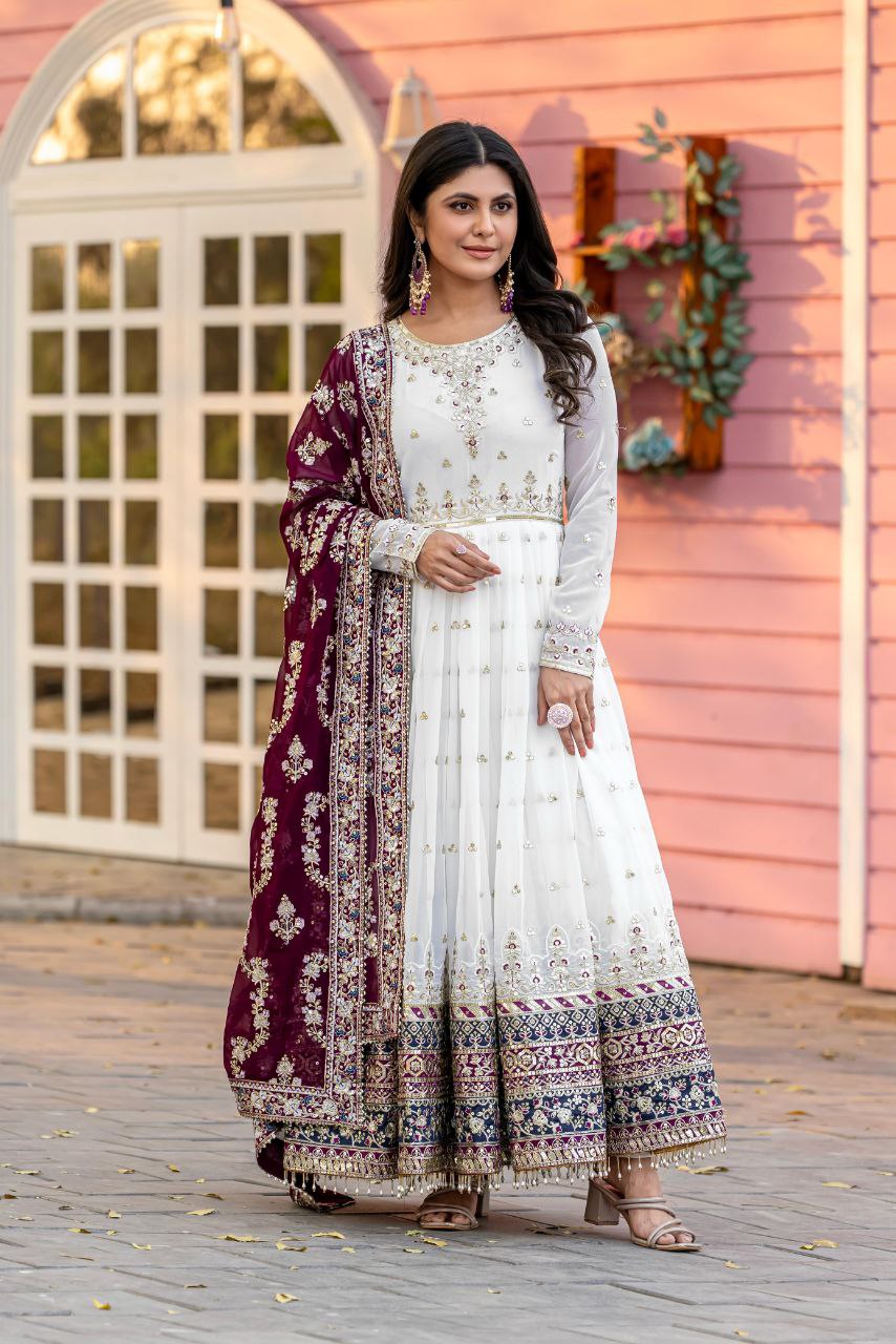 Stunning Party Wear Faux Georgette White Gown Set with Dupatta & Bottom