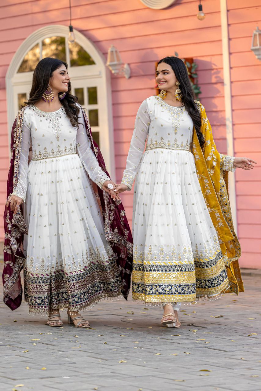 Stunning Party Wear Faux Georgette White Gown Set with Dupatta & Bottom