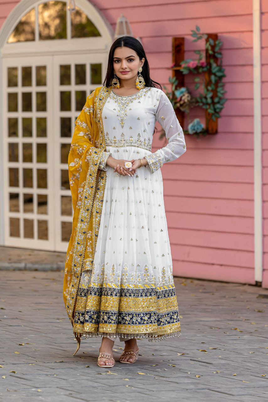 Stunning Party Wear Faux Georgette White Gown Set with Dupatta & Bottom