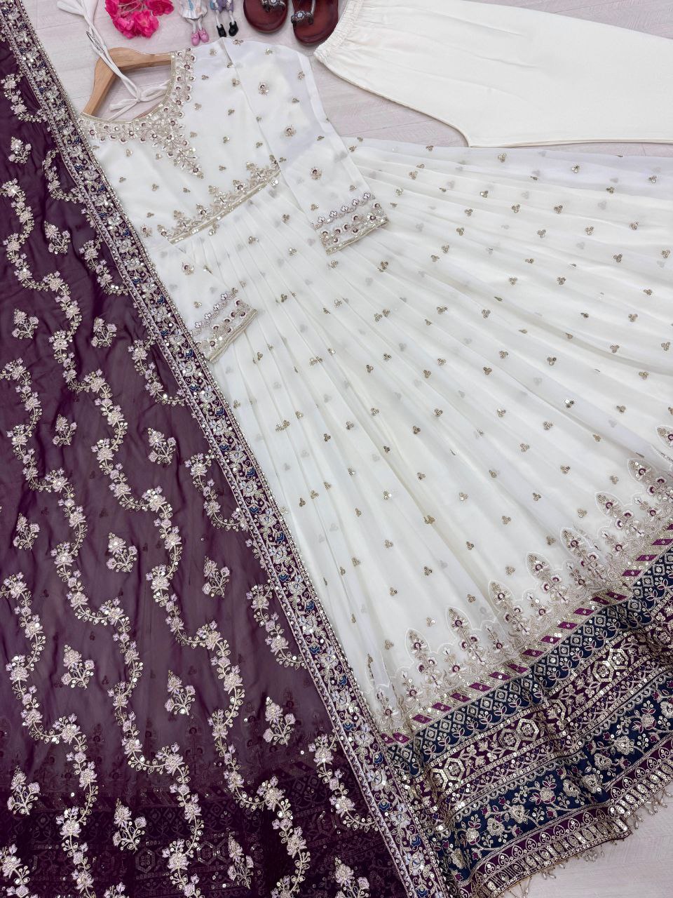 Stunning Party Wear Faux Georgette White Gown Set with Dupatta & Bottom