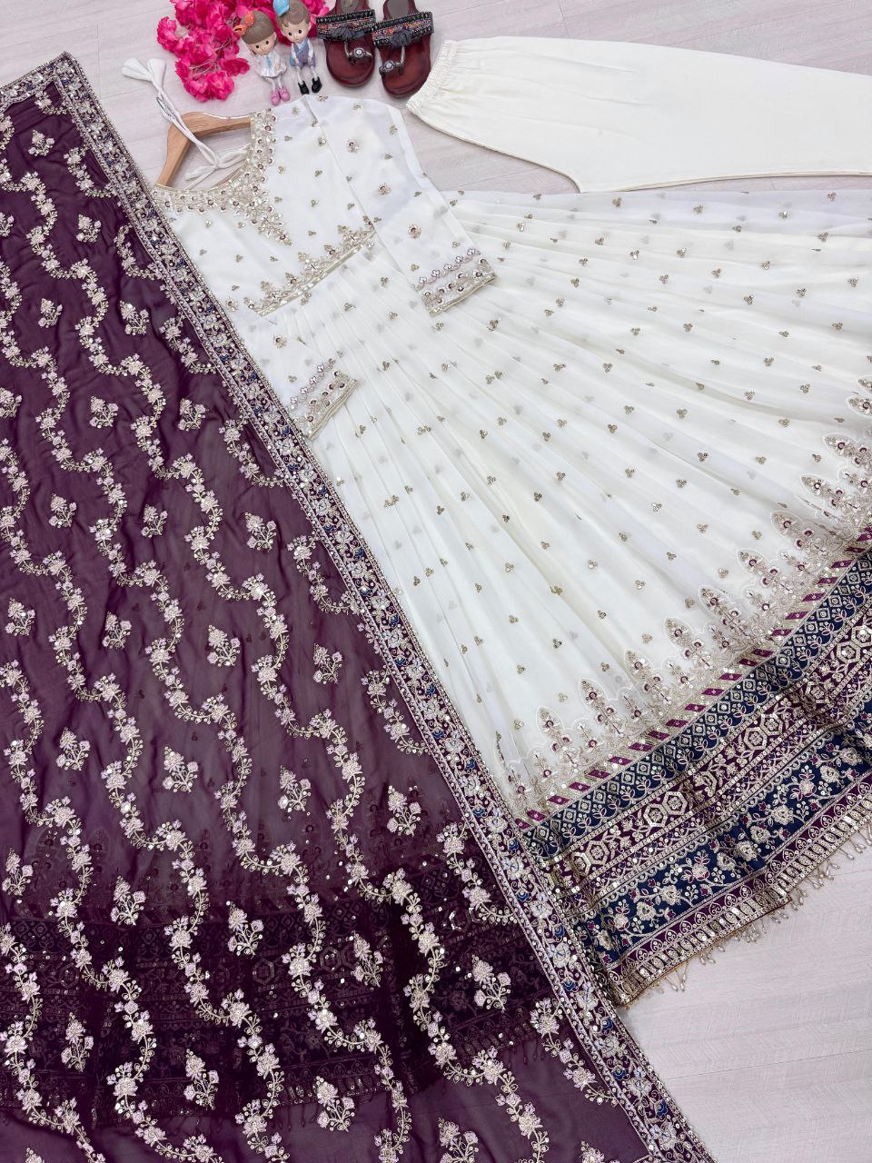 Stunning Party Wear Faux Georgette White Gown Set with Dupatta & Bottom
