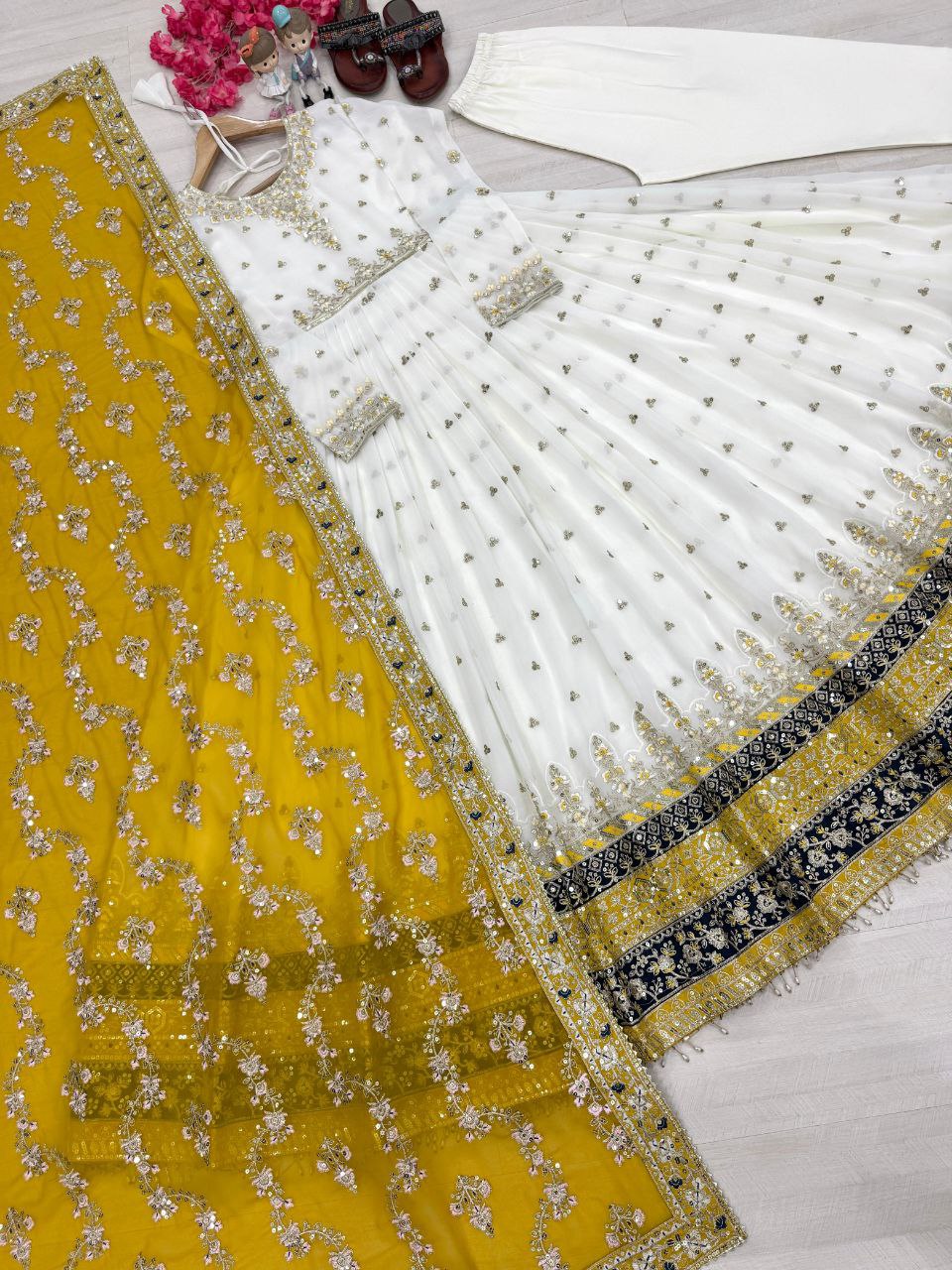 Stunning Party Wear Faux Georgette White Gown Set with Dupatta & Bottom
