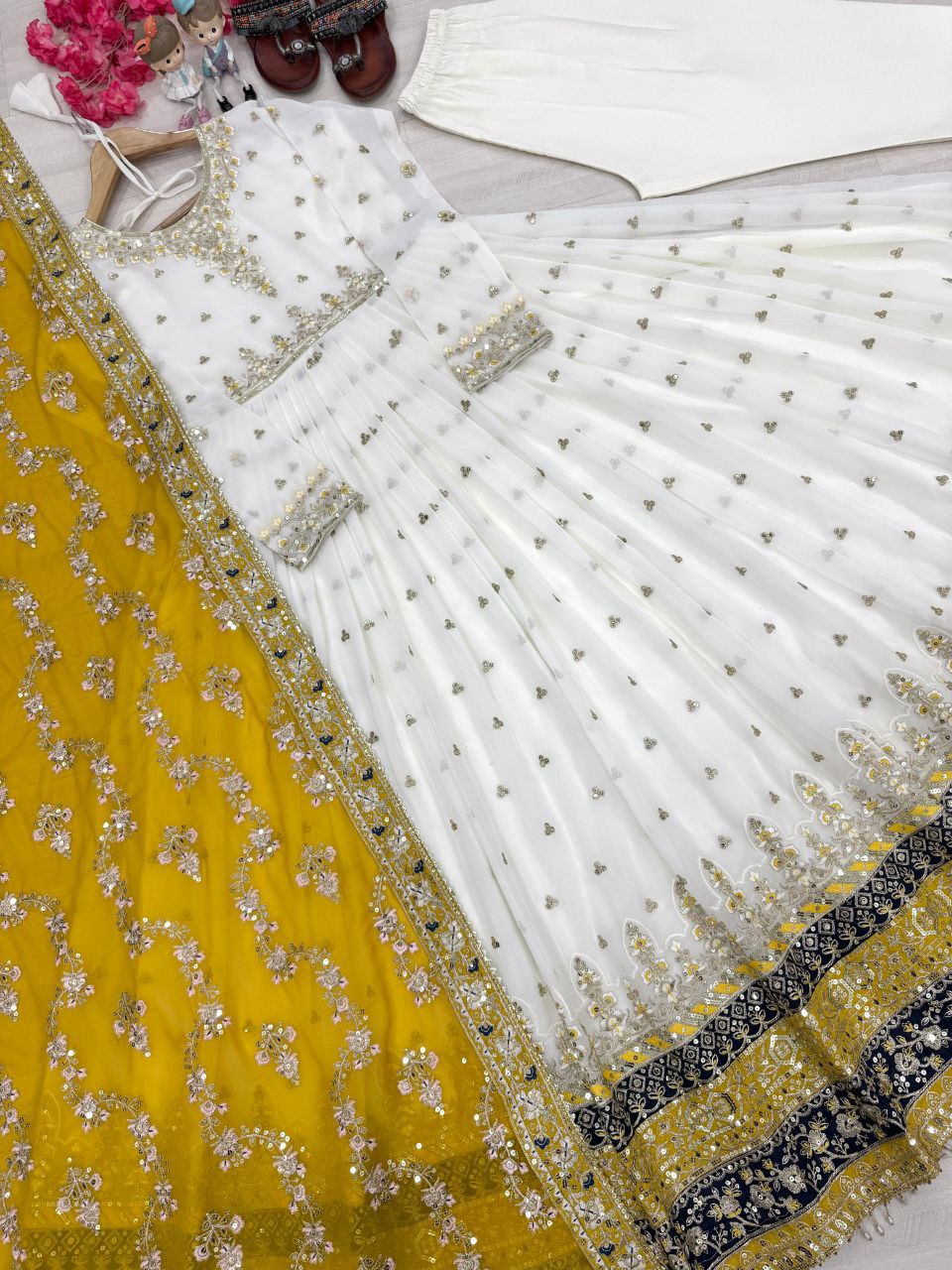 Stunning Party Wear Faux Georgette White Gown Set with Dupatta & Bottom
