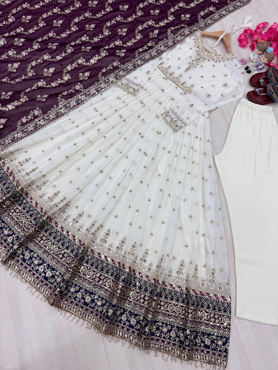 Stunning Party Wear Faux Georgette White Gown Set with Dupatta & Bottom
