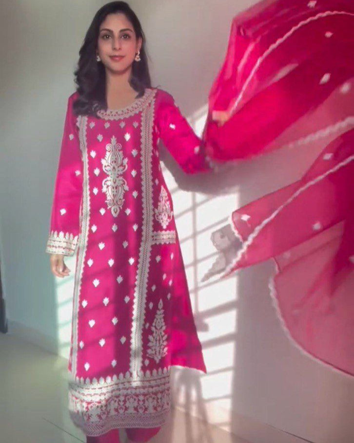 Pink & Black Stylish Roman Silk Party Wear Palazzo Suit Set with Organza Dupatta
