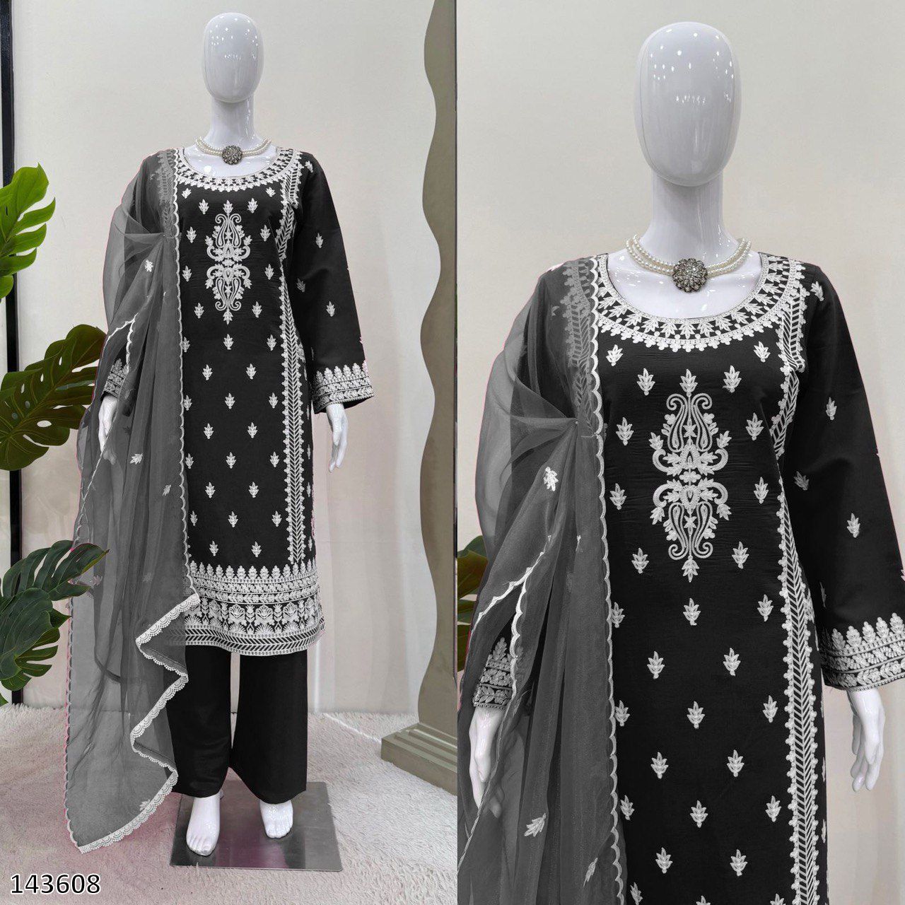 Pink & Black Stylish Roman Silk Party Wear Palazzo Suit Set with Organza Dupatta