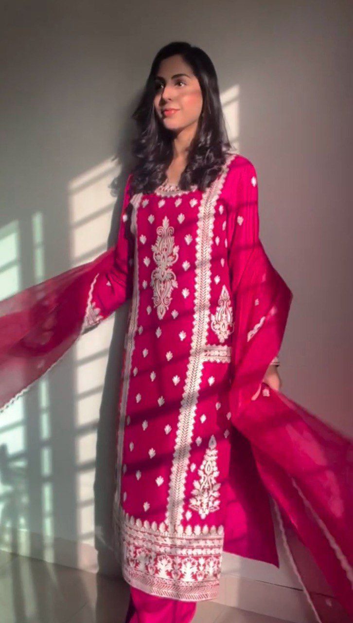 Pink & Black Stylish Roman Silk Party Wear Palazzo Suit Set with Organza Dupatta