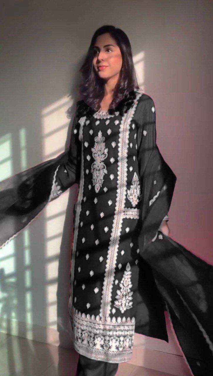 Pink & Black Stylish Roman Silk Party Wear Palazzo Suit Set with Organza Dupatta