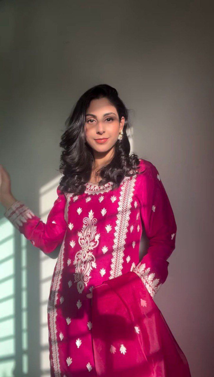 Pink & Black Stylish Roman Silk Party Wear Palazzo Suit Set with Organza Dupatta
