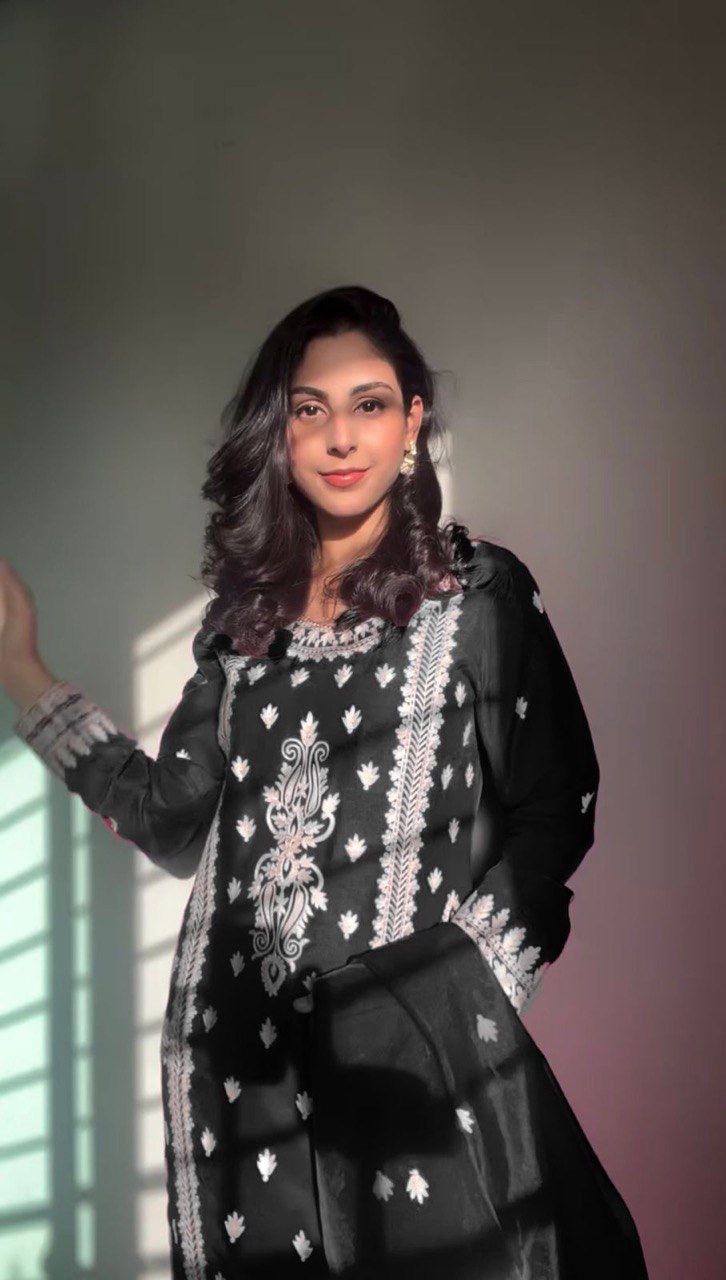 Pink & Black Stylish Roman Silk Party Wear Palazzo Suit Set with Organza Dupatta
