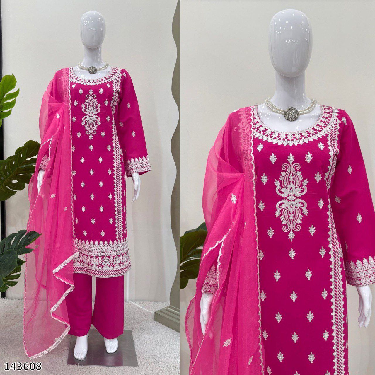 Pink & Black Stylish Roman Silk Party Wear Palazzo Suit Set with Organza Dupatta
