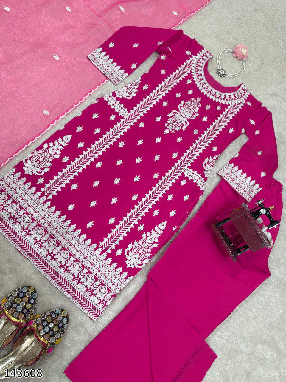 Pink & Black Stylish Roman Silk Party Wear Palazzo Suit Set with Organza Dupatta