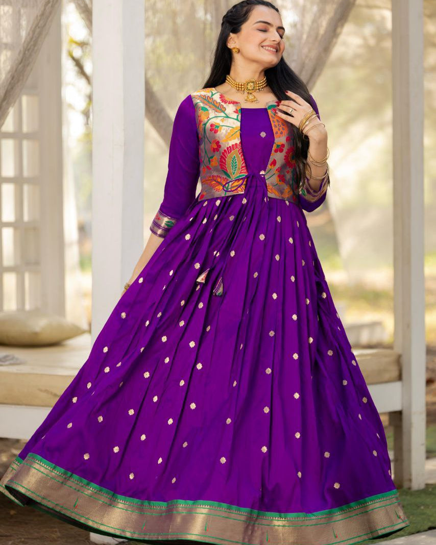 Tasrika Paithani Silk Blend Gown with Jacket | Woven Motifs & Flared Festive Dress | 3/4 Sleeve