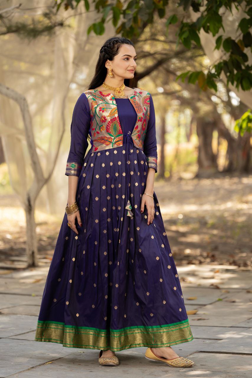 Tasrika Paithani Silk Blend Gown with Jacket | Woven Motifs & Flared Festive Dress | 3/4 Sleeve
