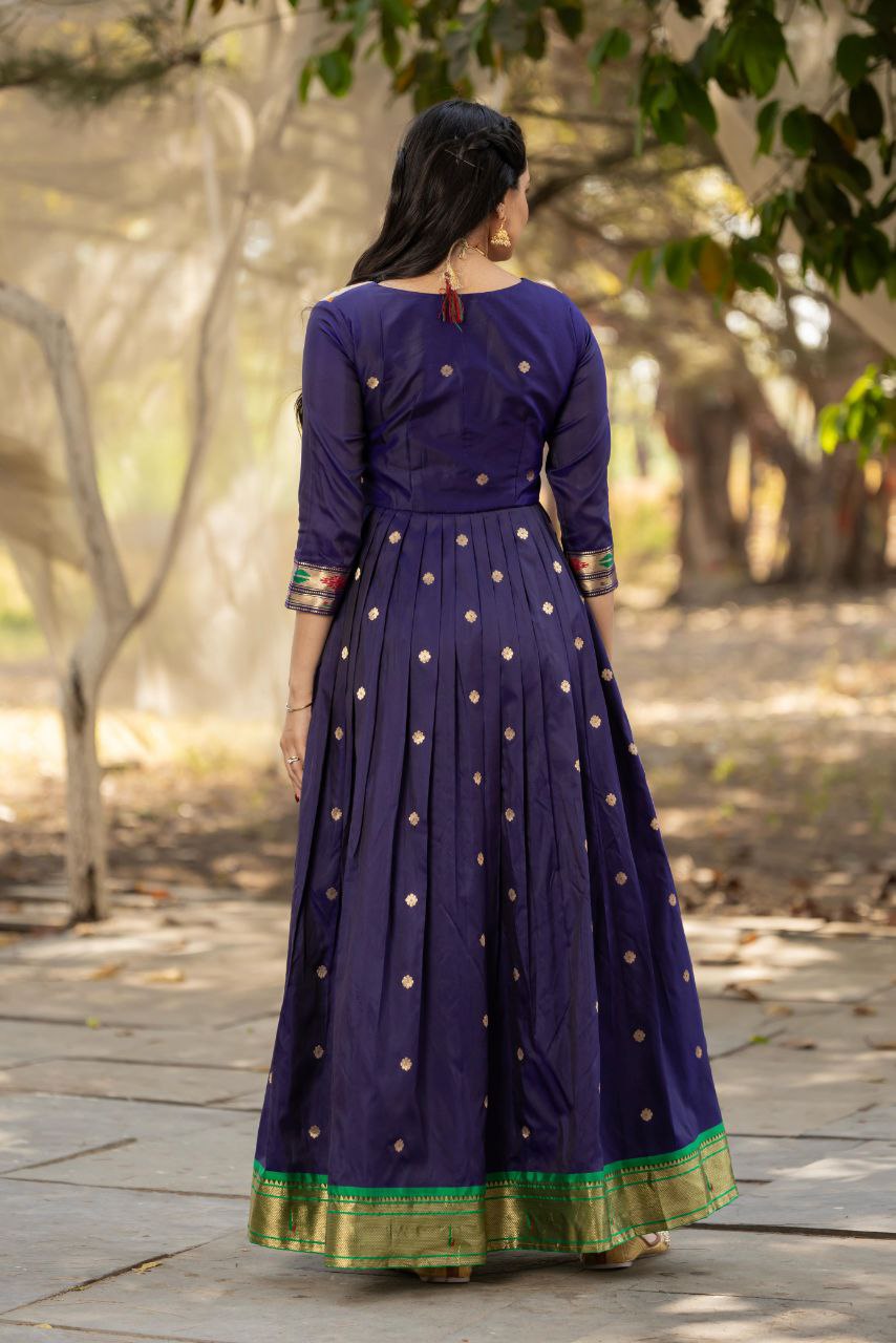 Tasrika Paithani Silk Blend Gown with Jacket | Woven Motifs & Flared Festive Dress | 3/4 Sleeve