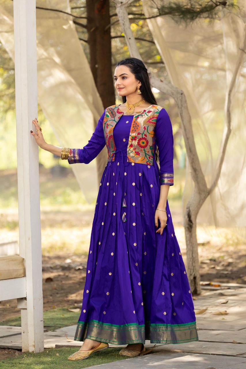 Tasrika Paithani Silk Blend Gown with Jacket | Woven Motifs & Flared Festive Dress | 3/4 Sleeve