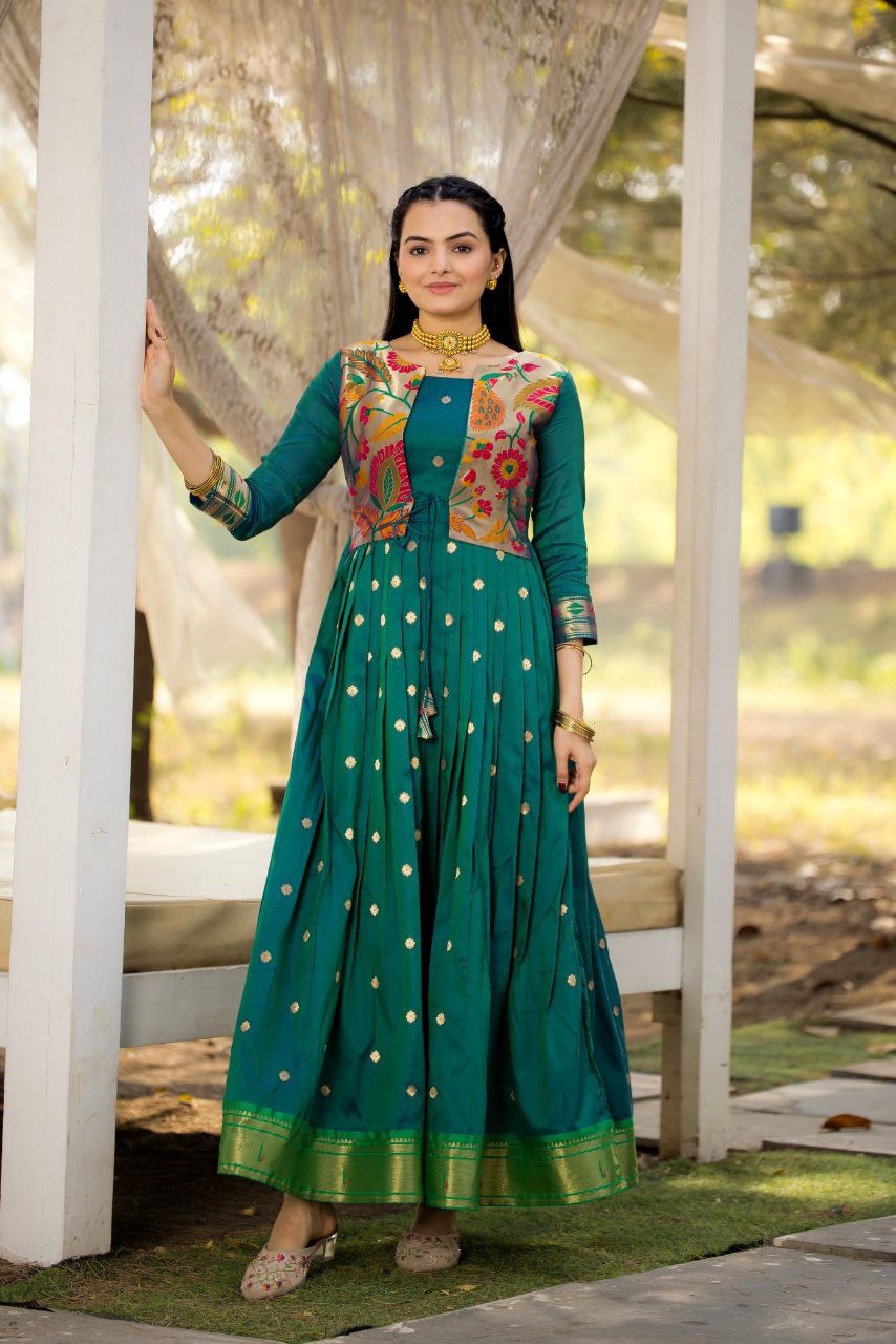 Tasrika Paithani Silk Blend Gown with Jacket | Woven Motifs & Flared Festive Dress | 3/4 Sleeve