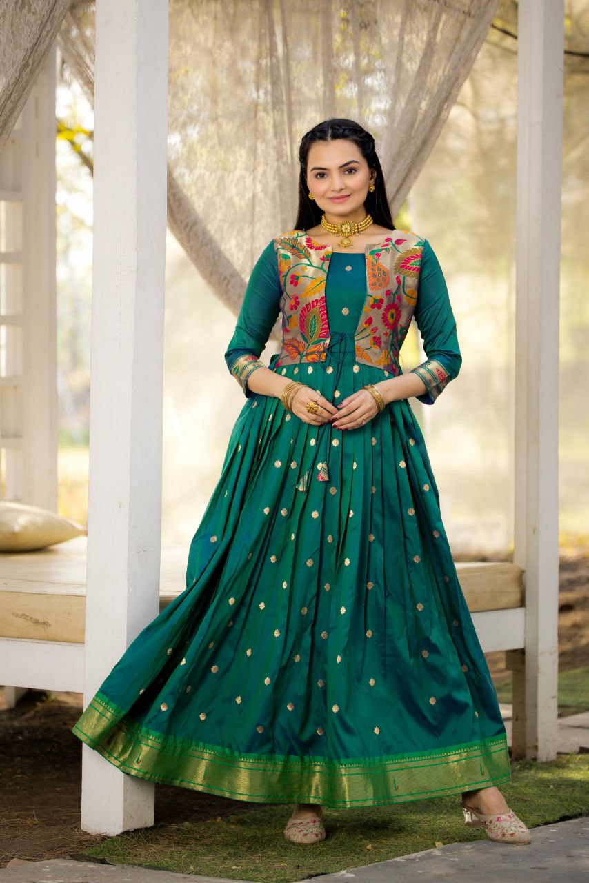 Tasrika Paithani Silk Blend Gown with Jacket | Woven Motifs & Flared Festive Dress | 3/4 Sleeve