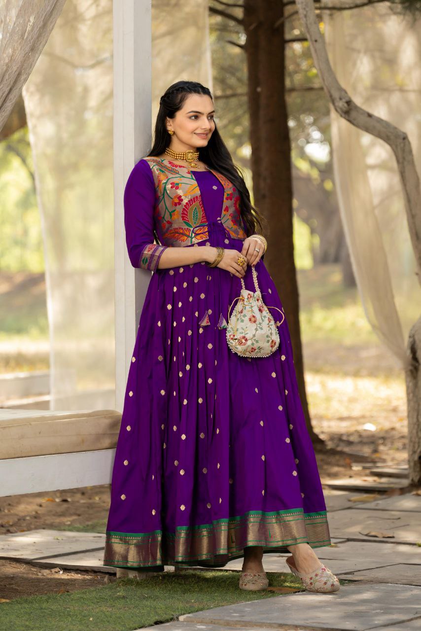 Tasrika Paithani Silk Blend Gown with Jacket | Woven Motifs & Flared Festive Dress | 3/4 Sleeve