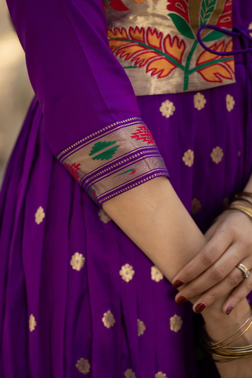 Tasrika Paithani Silk Blend Gown with Jacket | Woven Motifs & Flared Festive Dress | 3/4 Sleeve
