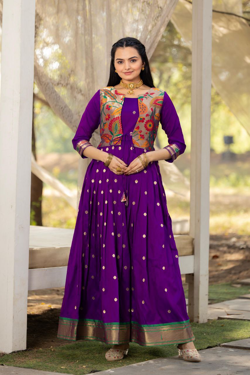 Tasrika Paithani Silk Blend Gown with Jacket | Woven Motifs & Flared Festive Dress | 3/4 Sleeve