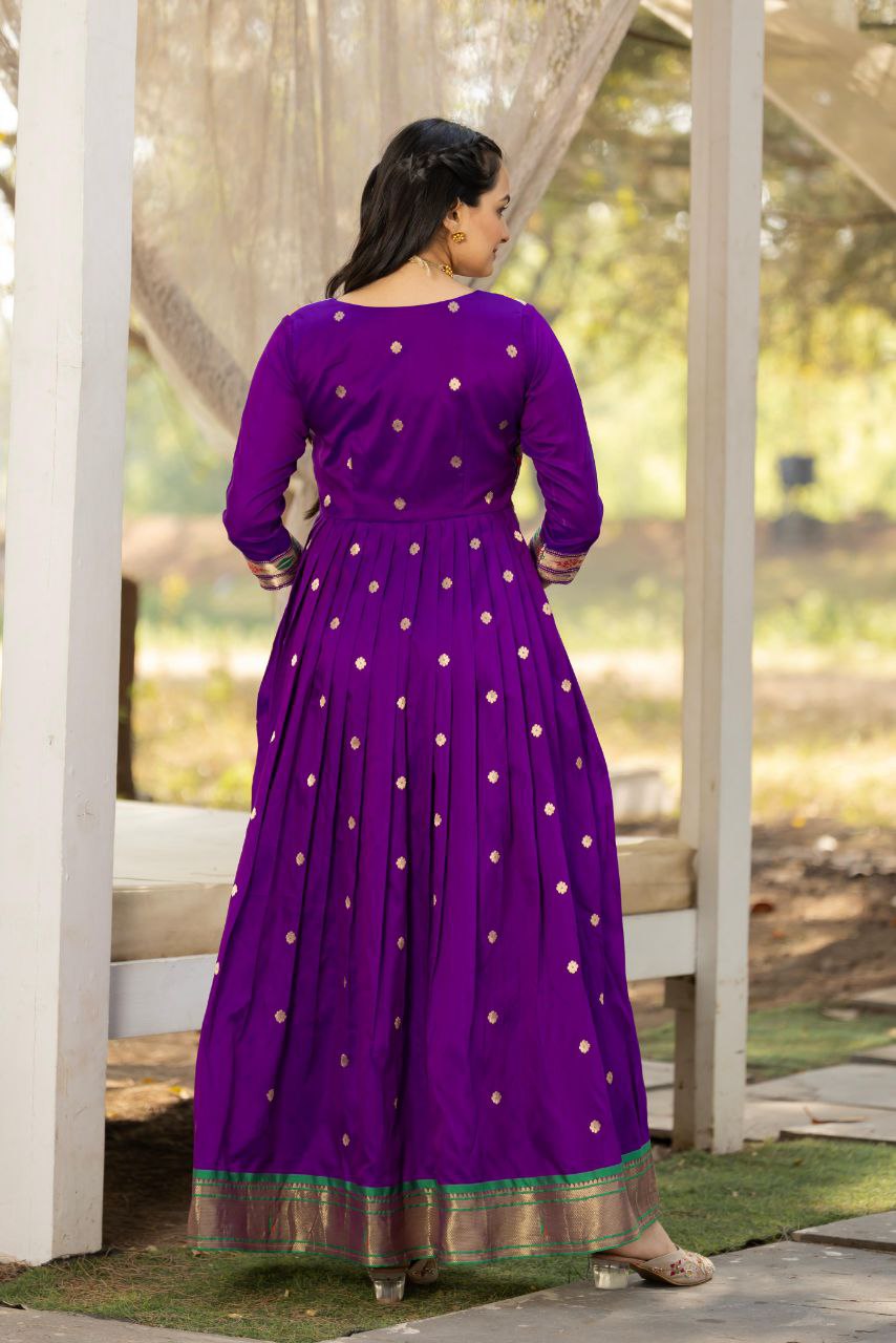 Tasrika Paithani Silk Blend Gown with Jacket | Woven Motifs & Flared Festive Dress | 3/4 Sleeve