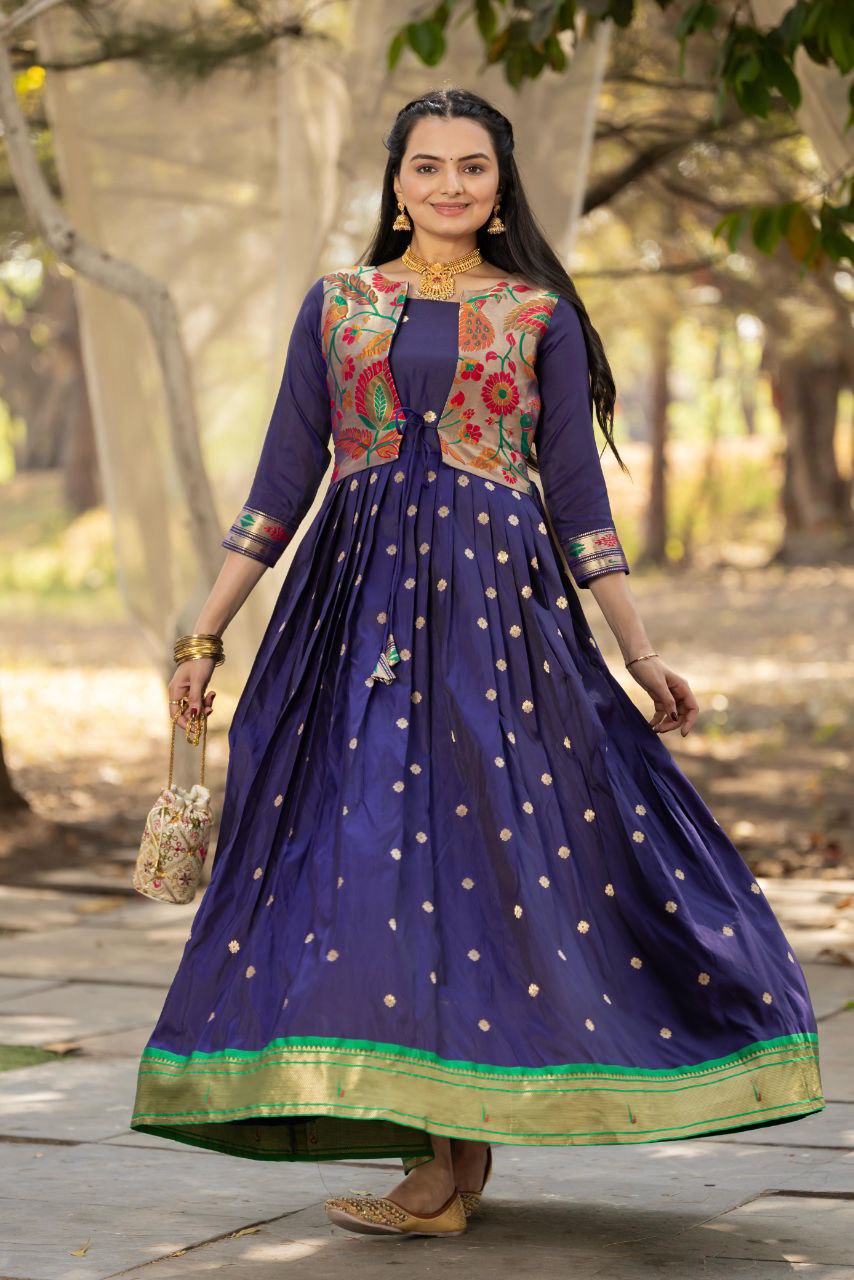 Tasrika Paithani Silk Blend Gown with Jacket | Woven Motifs & Flared Festive Dress | 3/4 Sleeve