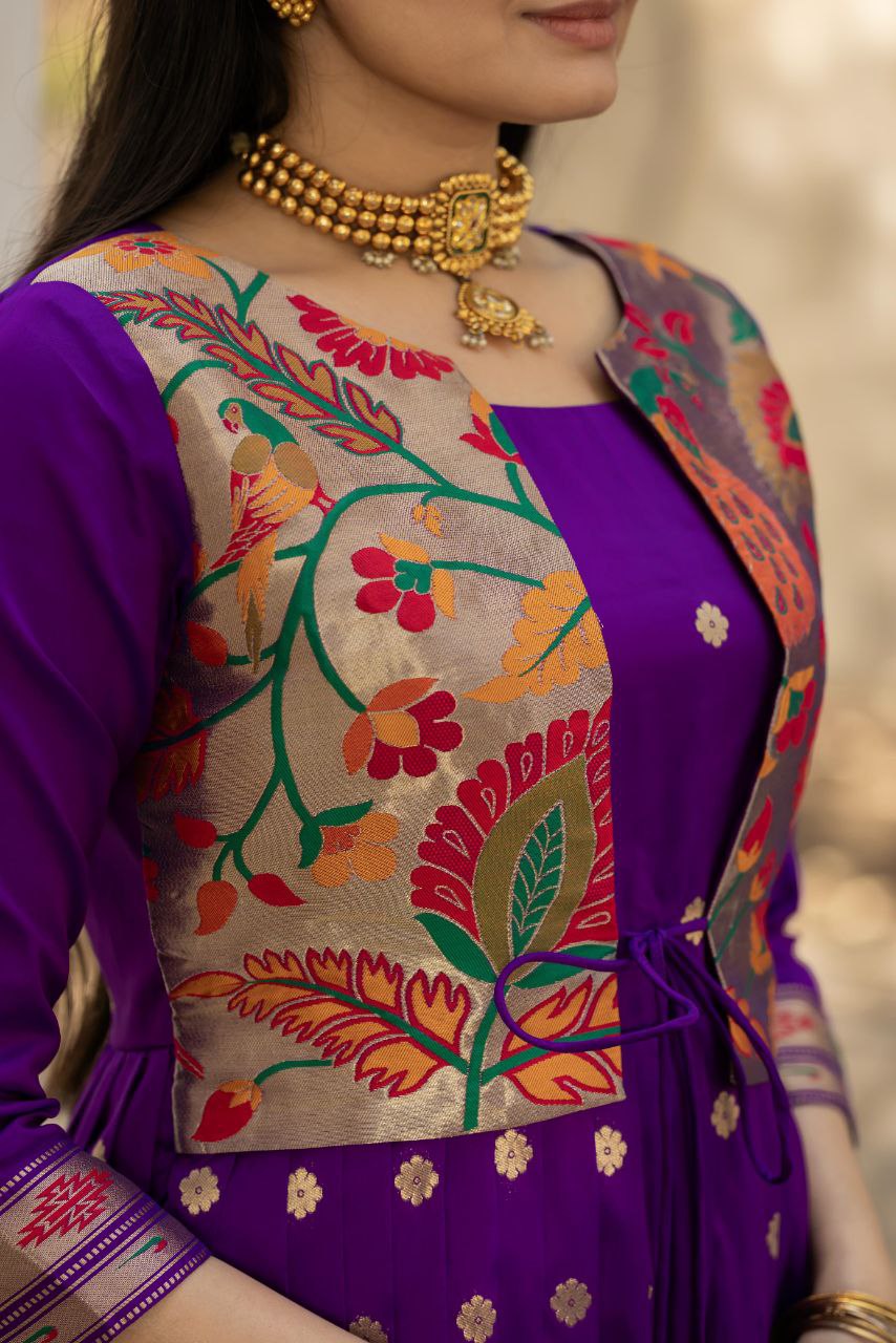 Tasrika Paithani Silk Blend Gown with Jacket | Woven Motifs & Flared Festive Dress | 3/4 Sleeve