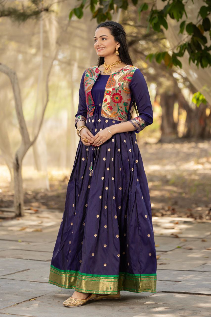 Tasrika Paithani Silk Blend Gown with Jacket | Woven Motifs & Flared Festive Dress | 3/4 Sleeve