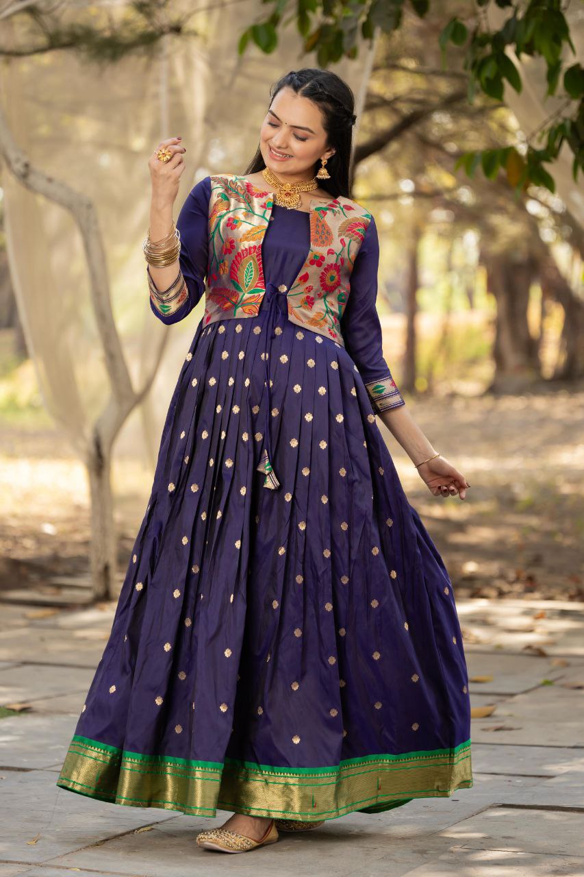 Tasrika Paithani Silk Blend Gown with Jacket | Woven Motifs & Flared Festive Dress | 3/4 Sleeve